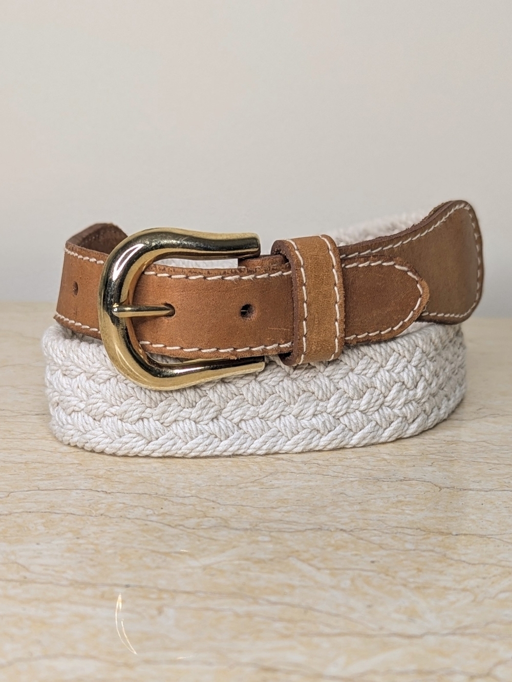 Vintage Off White Braided Brown Leather Belt Gold Tone Buckle Women's S